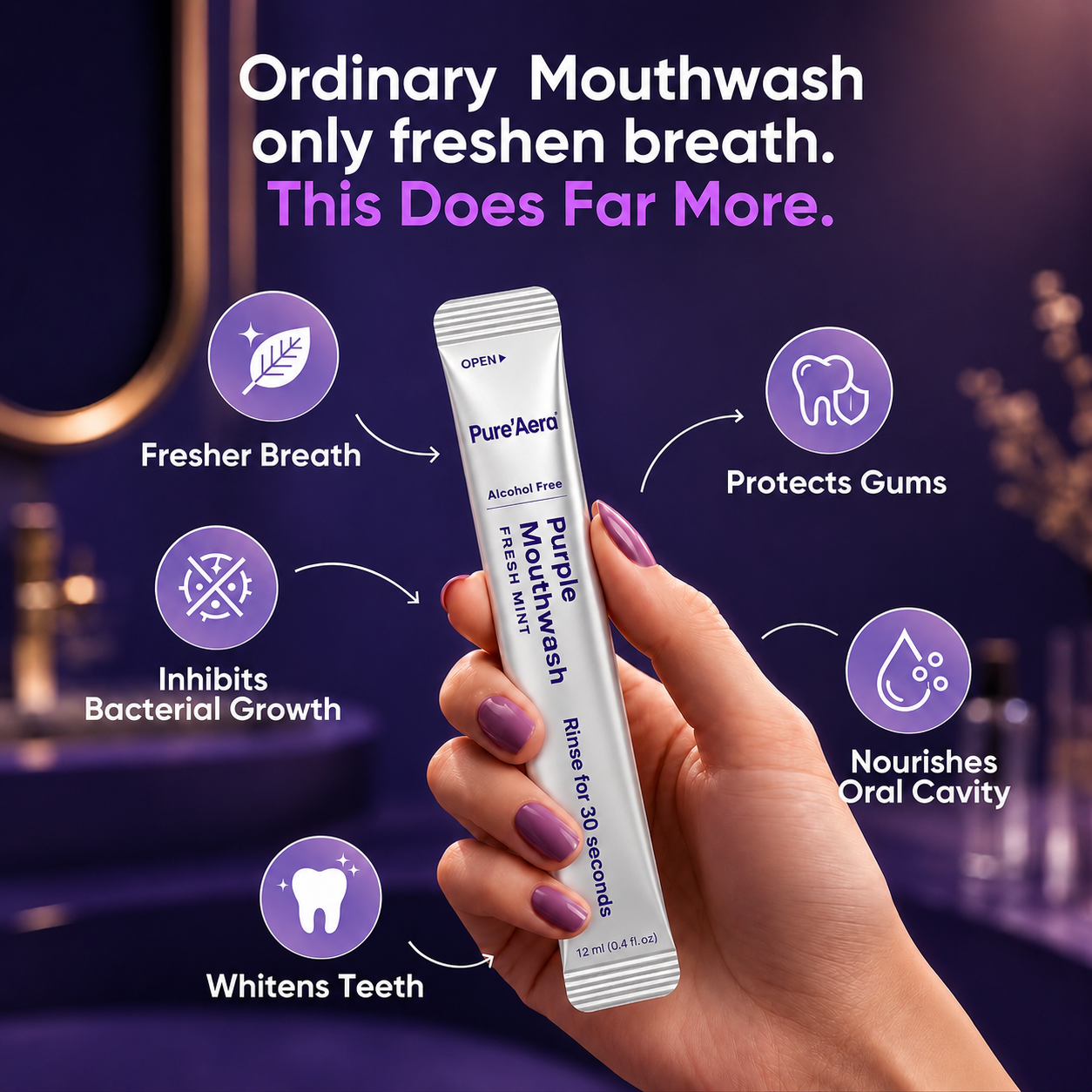 Pure'Aera Purple Mouthwash Teeth Whitening Rinse Travel Sachets