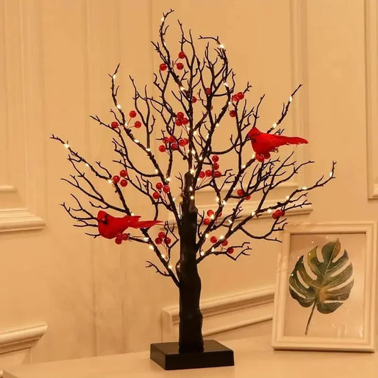 Vintage Glowing Tree with Cardinal & Red Berries