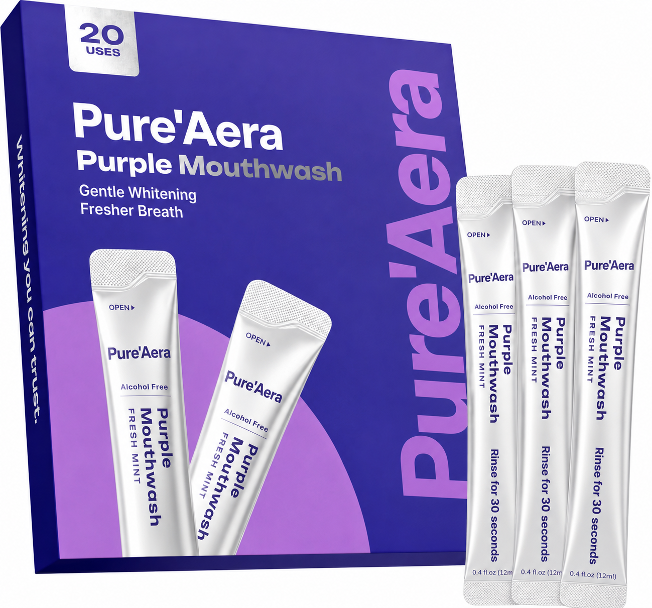 Pure'Aera Purple Mouthwash Teeth Whitening Rinse Travel Sachets