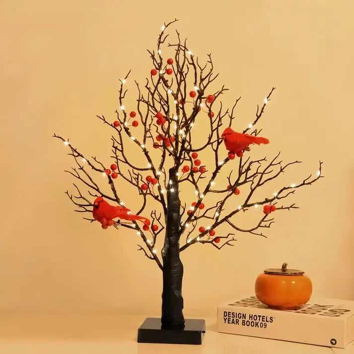 Vintage Glowing Tree with Cardinal & Red Berries
