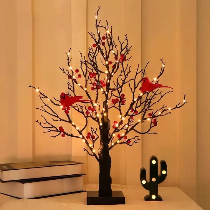 Vintage Glowing Tree with Cardinal & Red Berries