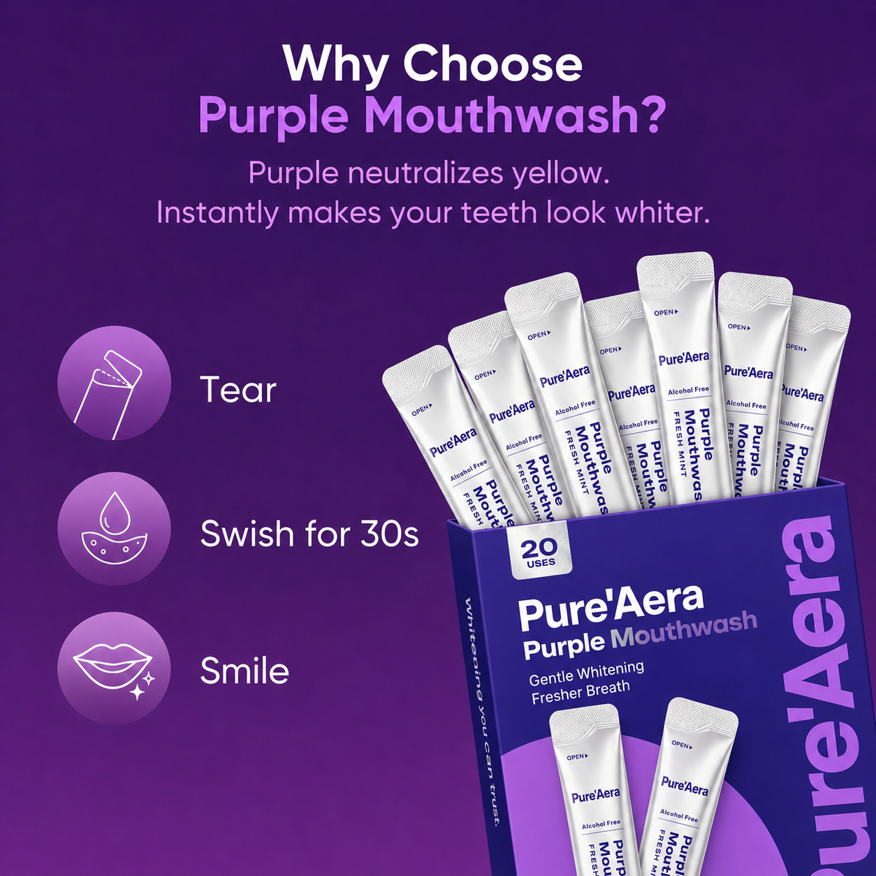 Pure'Aera Purple Mouthwash Teeth Whitening Rinse Travel Sachets