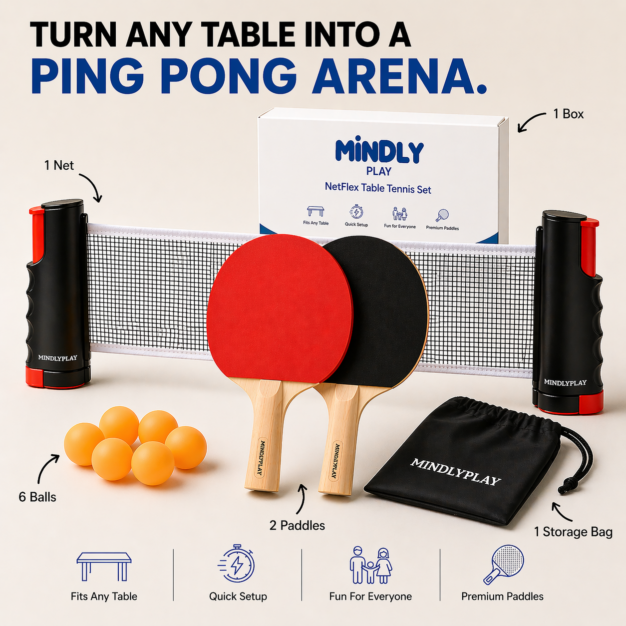 MindlyPlay NetFlex Portable Table Tennis Set with Retractable Net
