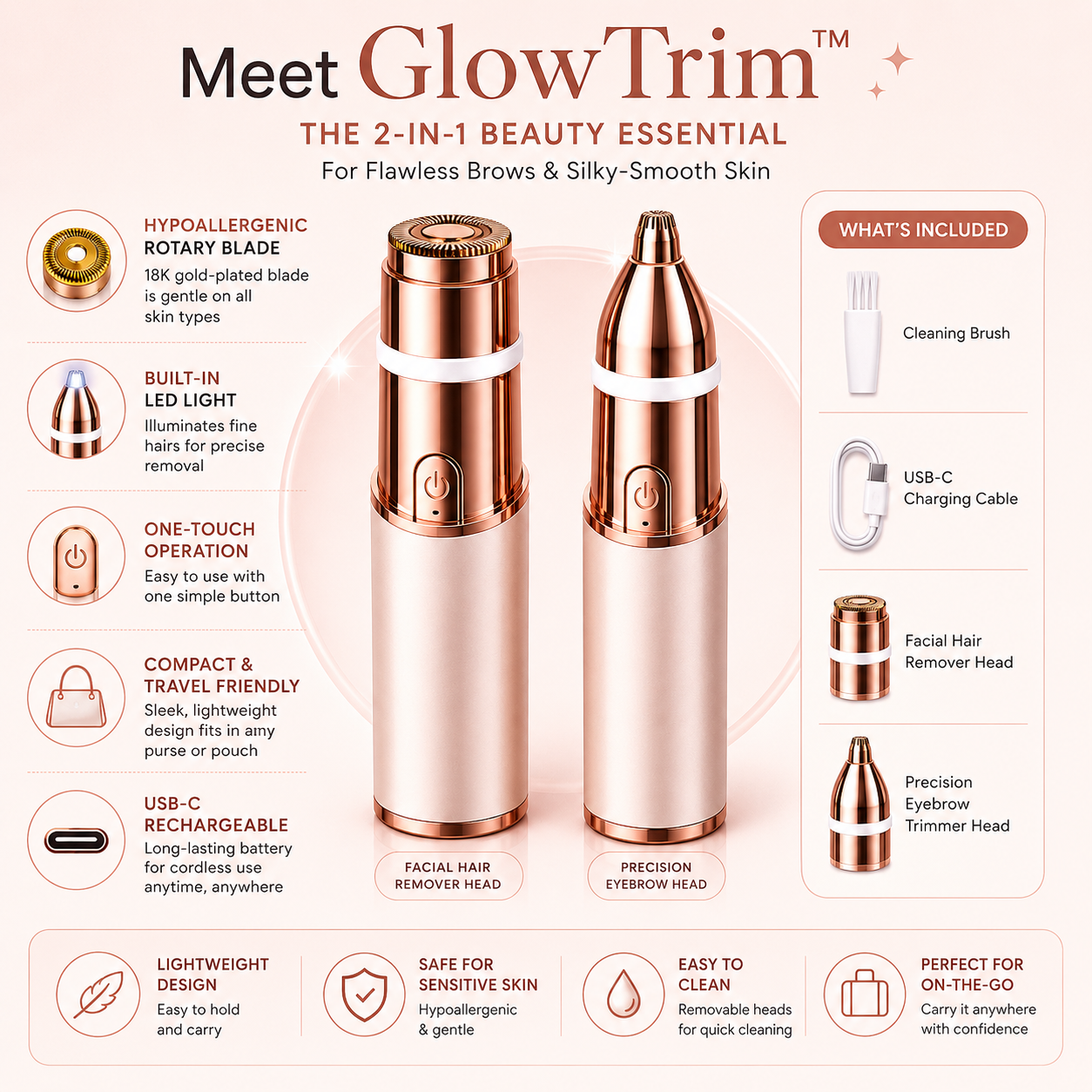 GlowAura GlowTrim 2-in-1 Eyebrow and Facial Hair Trimmer