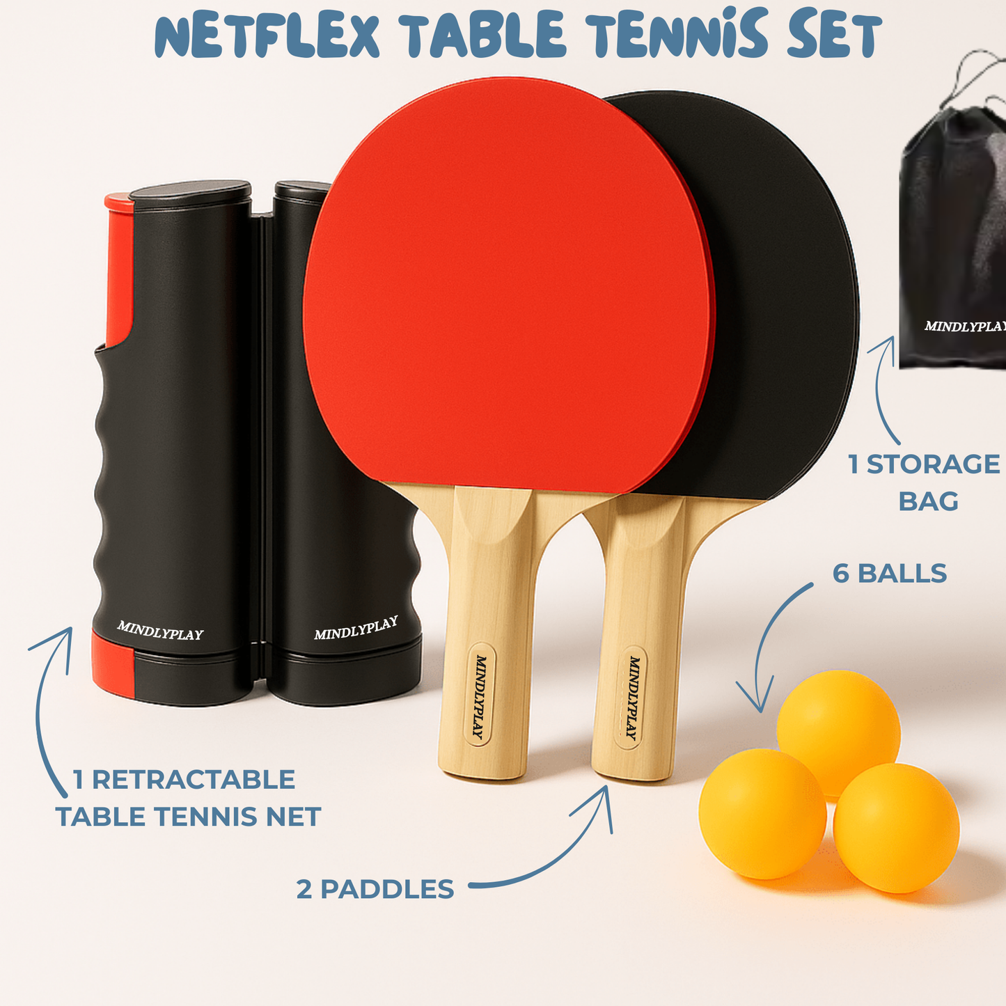 MindlyPlay NetFlex Portable Table Tennis Set with Retractable Net