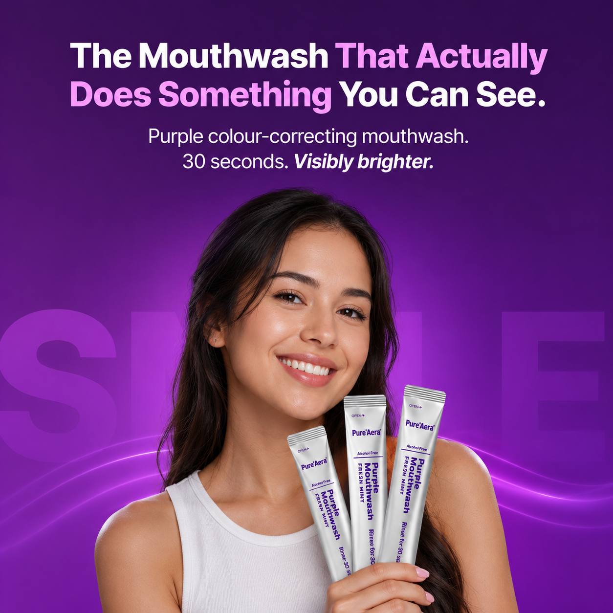 Pure'Aera Purple Mouthwash Teeth Whitening Rinse Travel Sachets